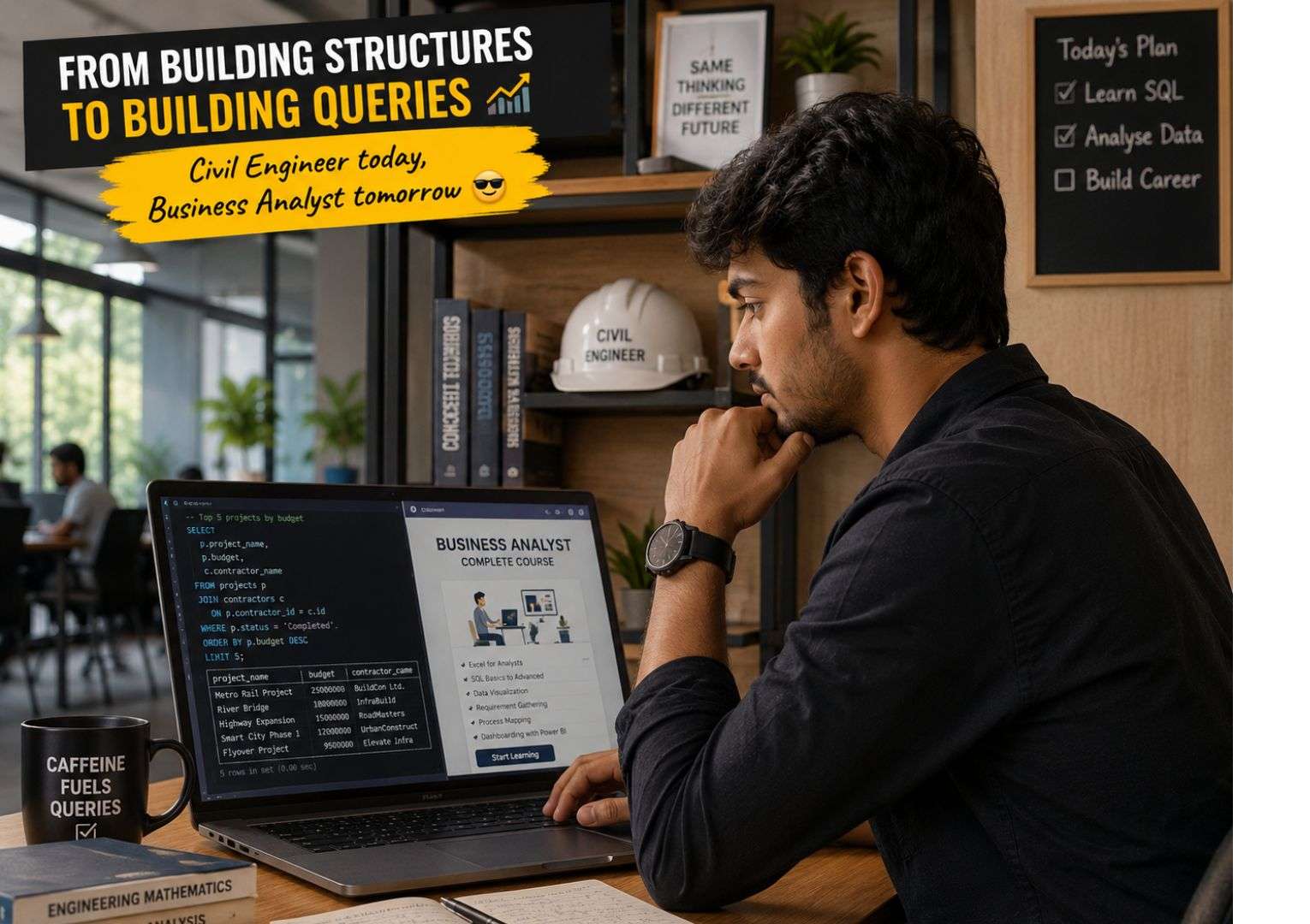 Switch to IT career from non-CS branch Civil — Indian male civil engineering student learning SQL and business analyst skills at co-working space