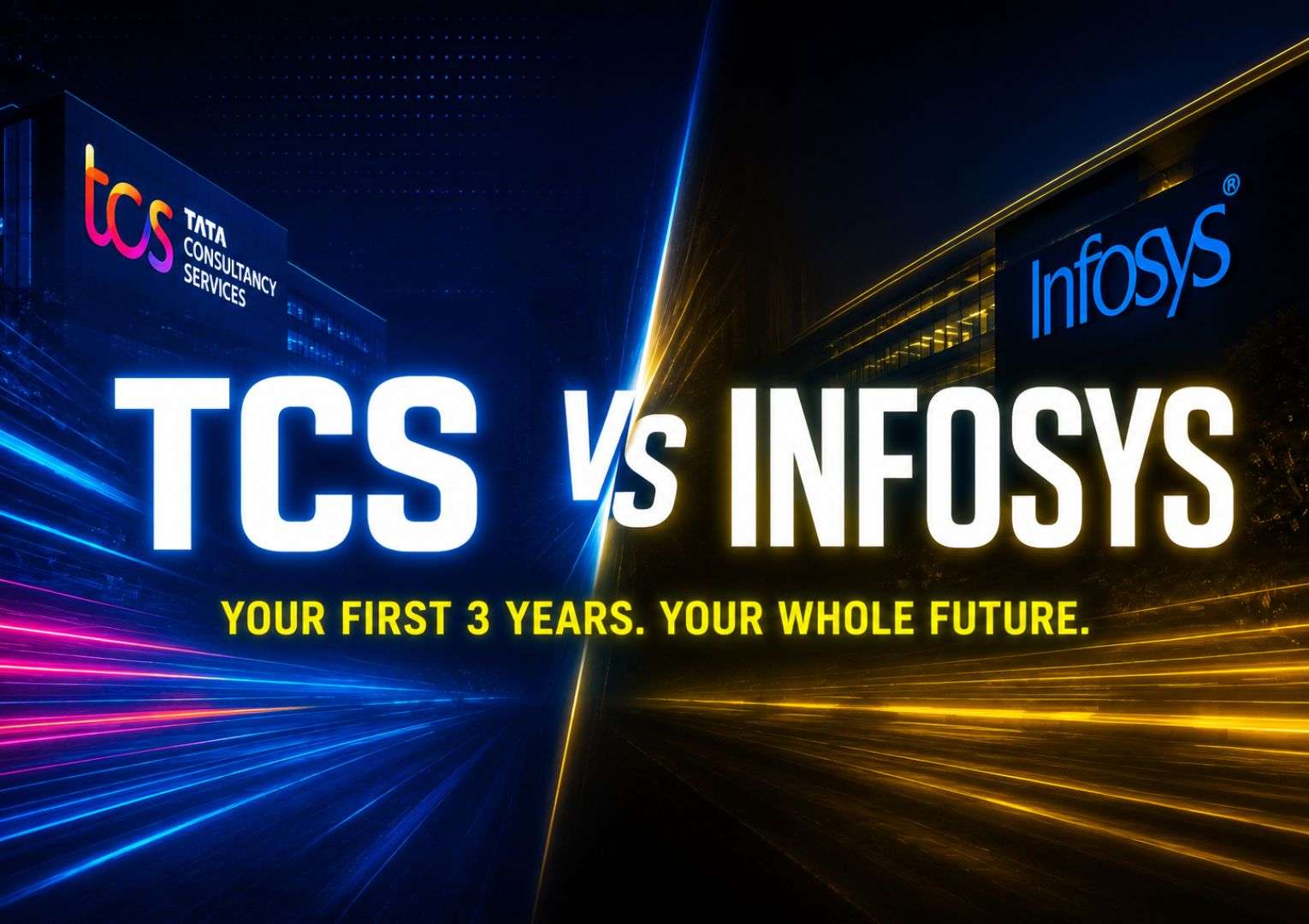 TCS vs Infosys for freshers — hero image comparing India's two biggest IT companies for first job in 2026