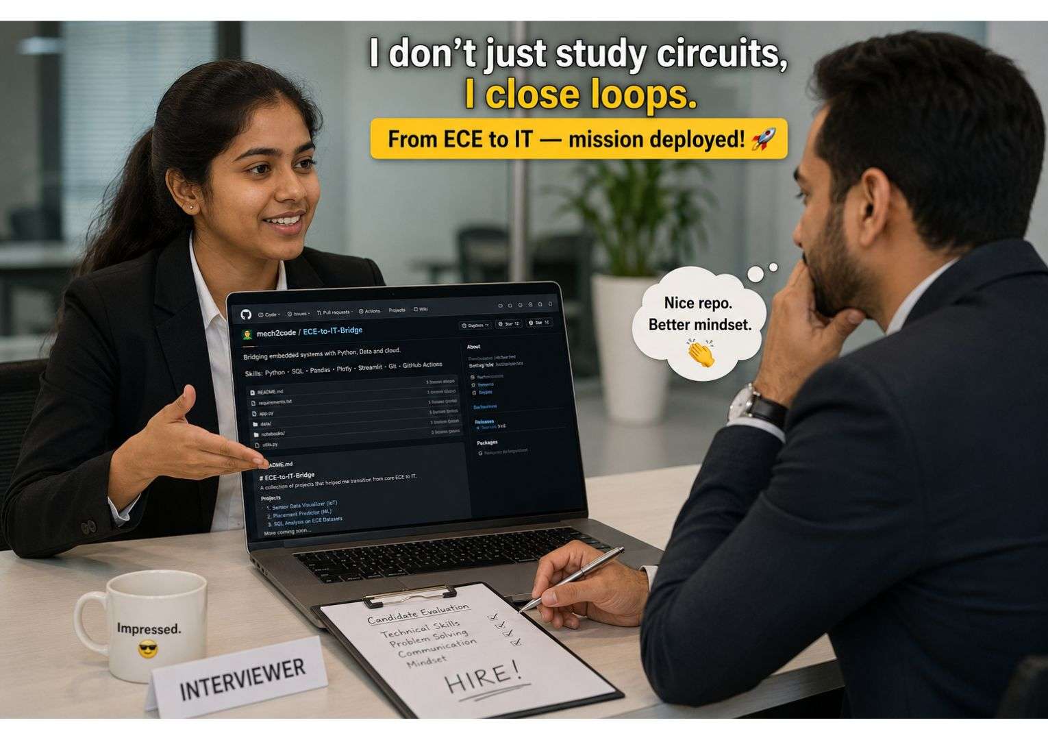 Switch to IT career from non-CS branch — Indian female non-CS student presenting GitHub portfolio project in IT company interview