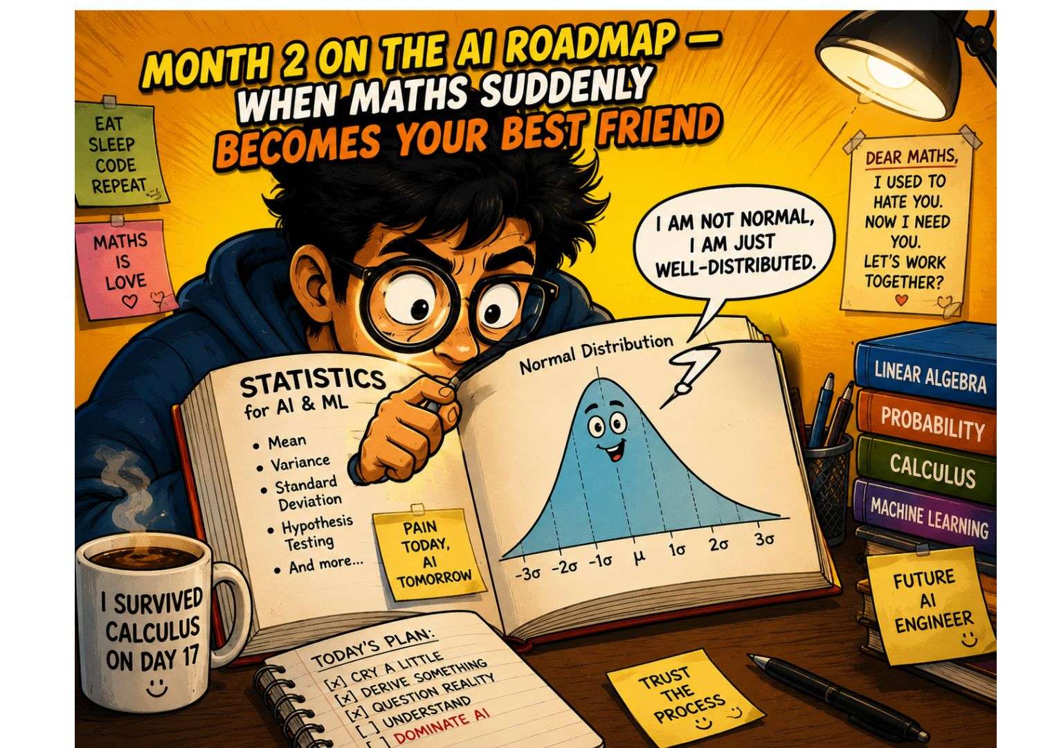 ai career roadmap for btech freshers statistics maths ml funny cartoon
