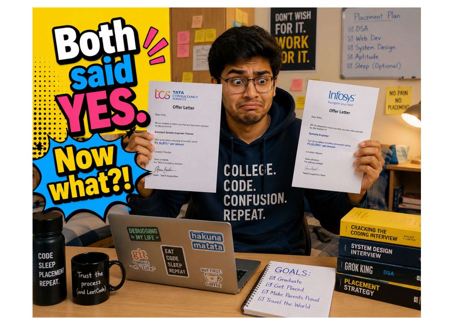 Indian fresher holding TCS and Infosys offer letters — TCS vs Infosys for freshers decision 2026