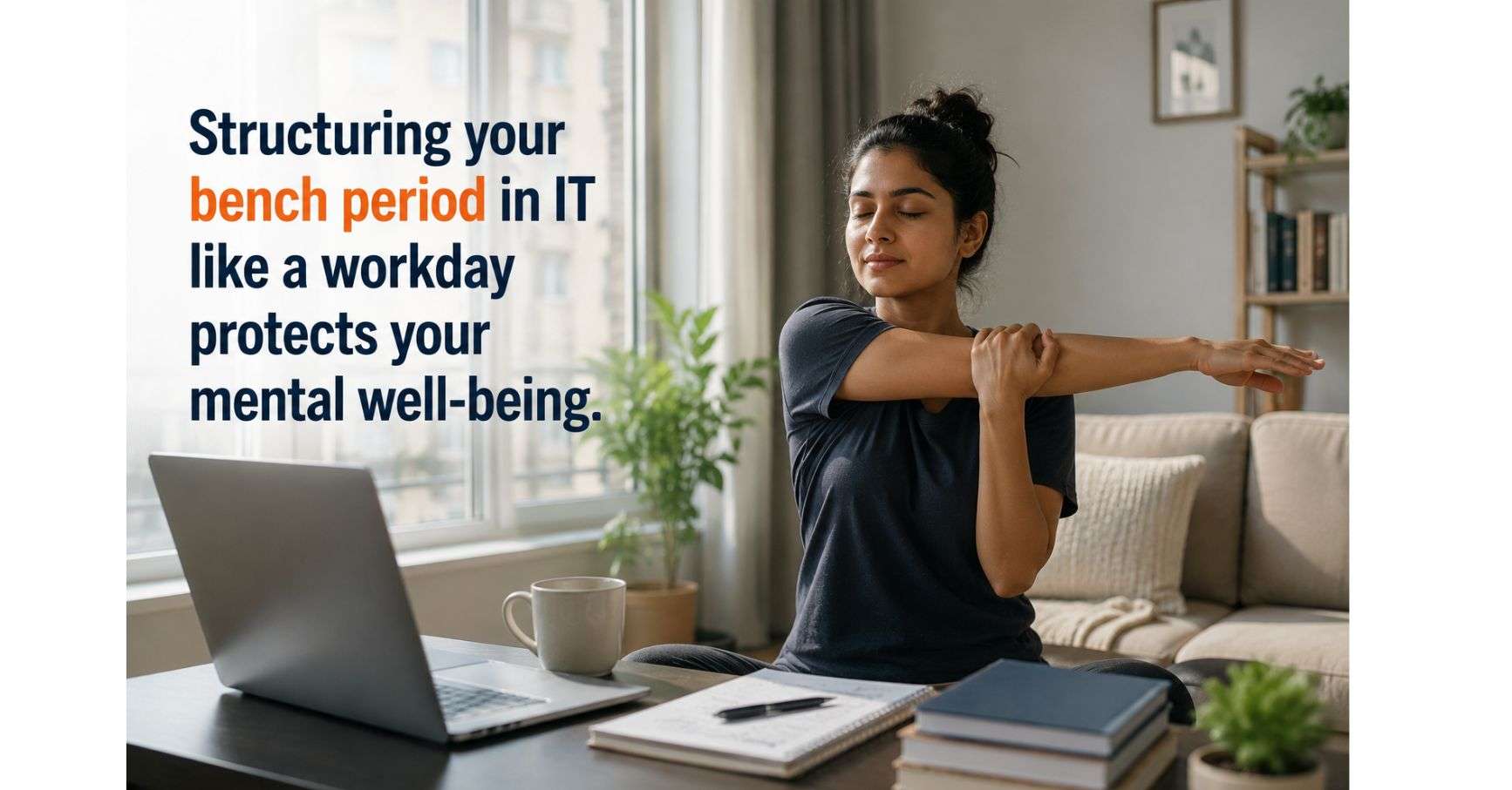 Bench period in IT — young Indian female IT professional doing stretching break near bright window with laptop and notes on table
