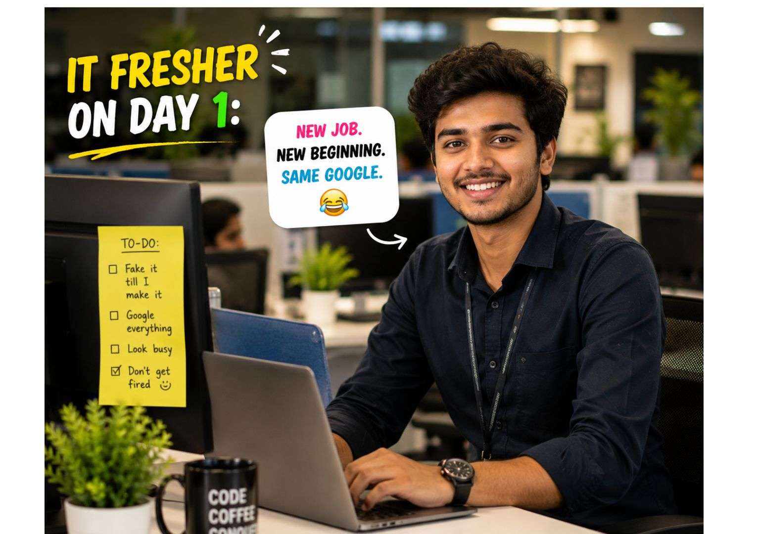 stress-busting strategies for engineers — a fresher IT engineer managing work with good habits and a calm mindset