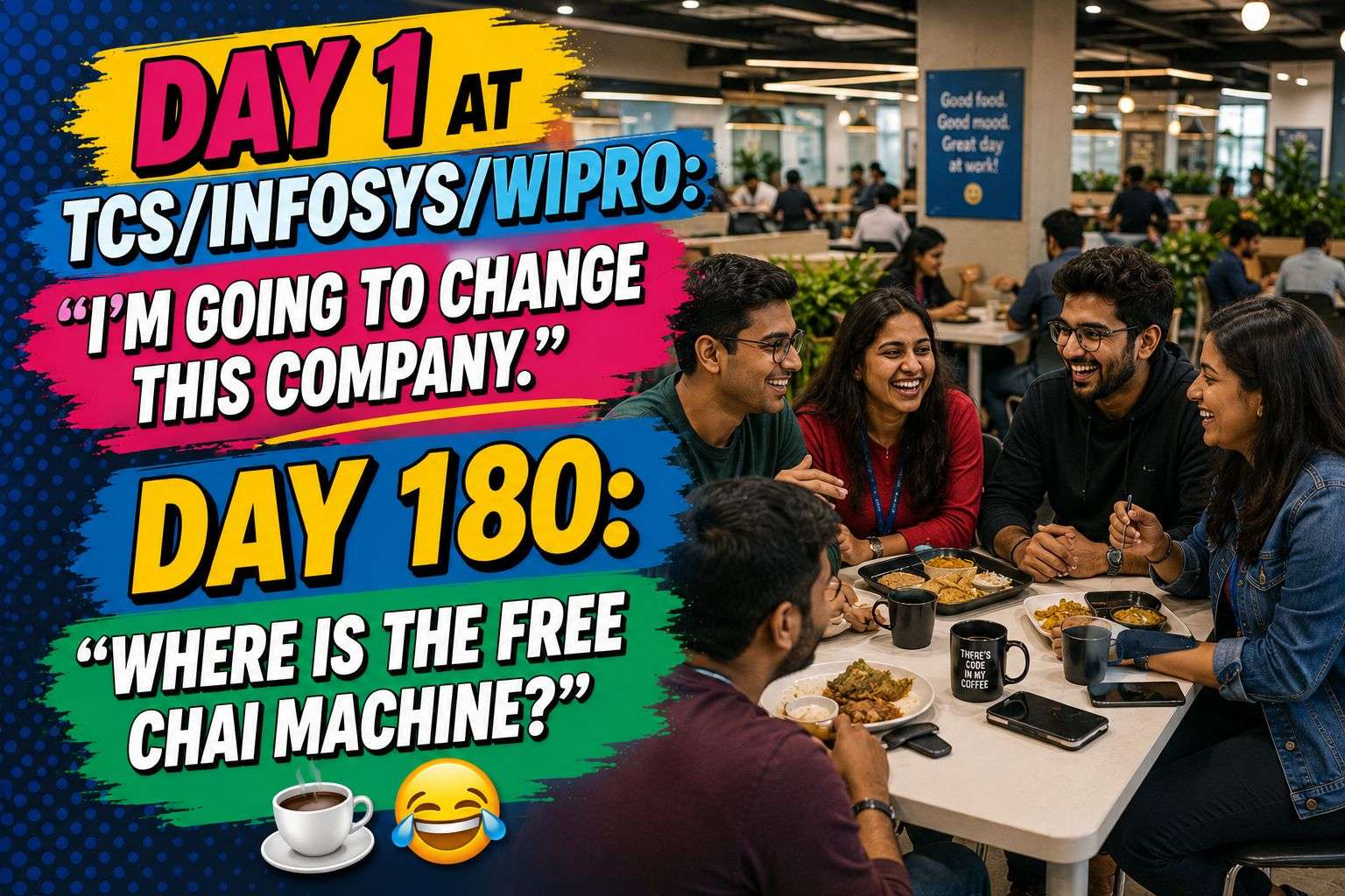 Fresher life at TCS Infosys Wipro India office cafeteria 2026