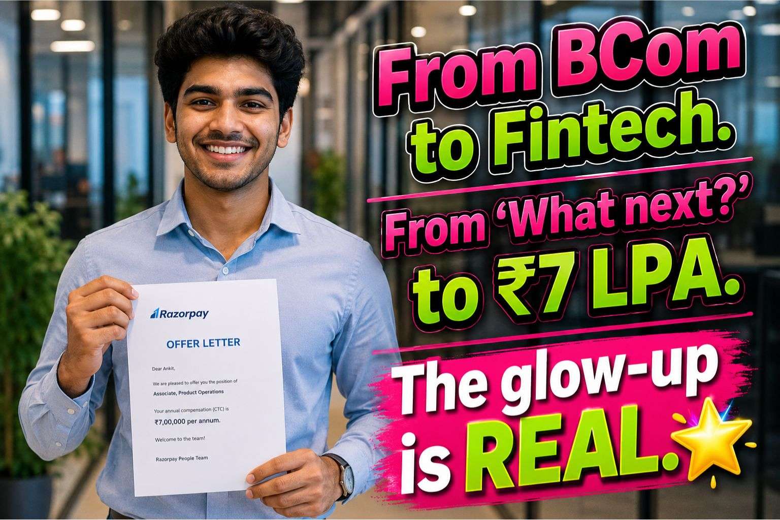 Commerce graduate celebrating fintech job offer India 2026 — fintech careers for commerce graduates