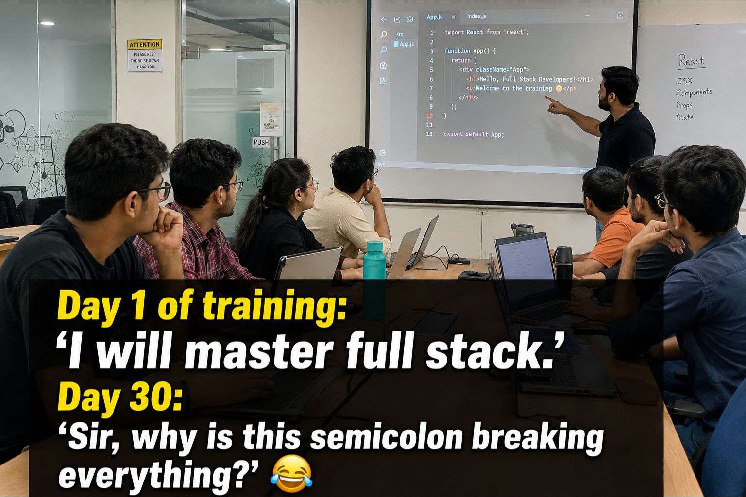 Indian engineering students in full-stack development training programme — fun relatable image for freshers