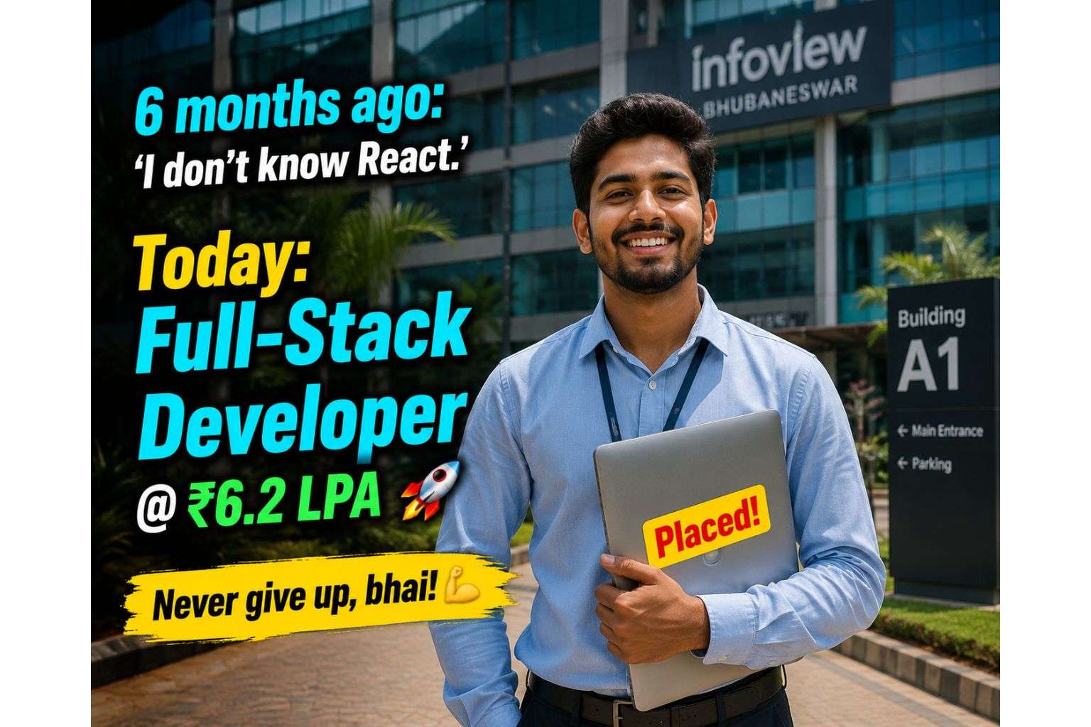 Indian fresher placed as full-stack developer after learning MERN stack — motivational image for engineering students