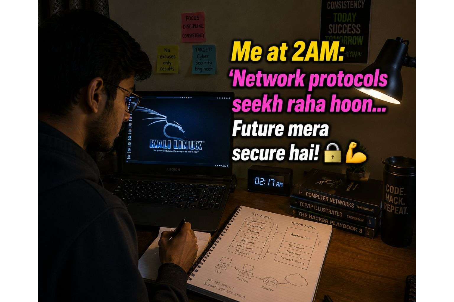 Indian BTech student studying networking fundamentals for cybersecurity career from home