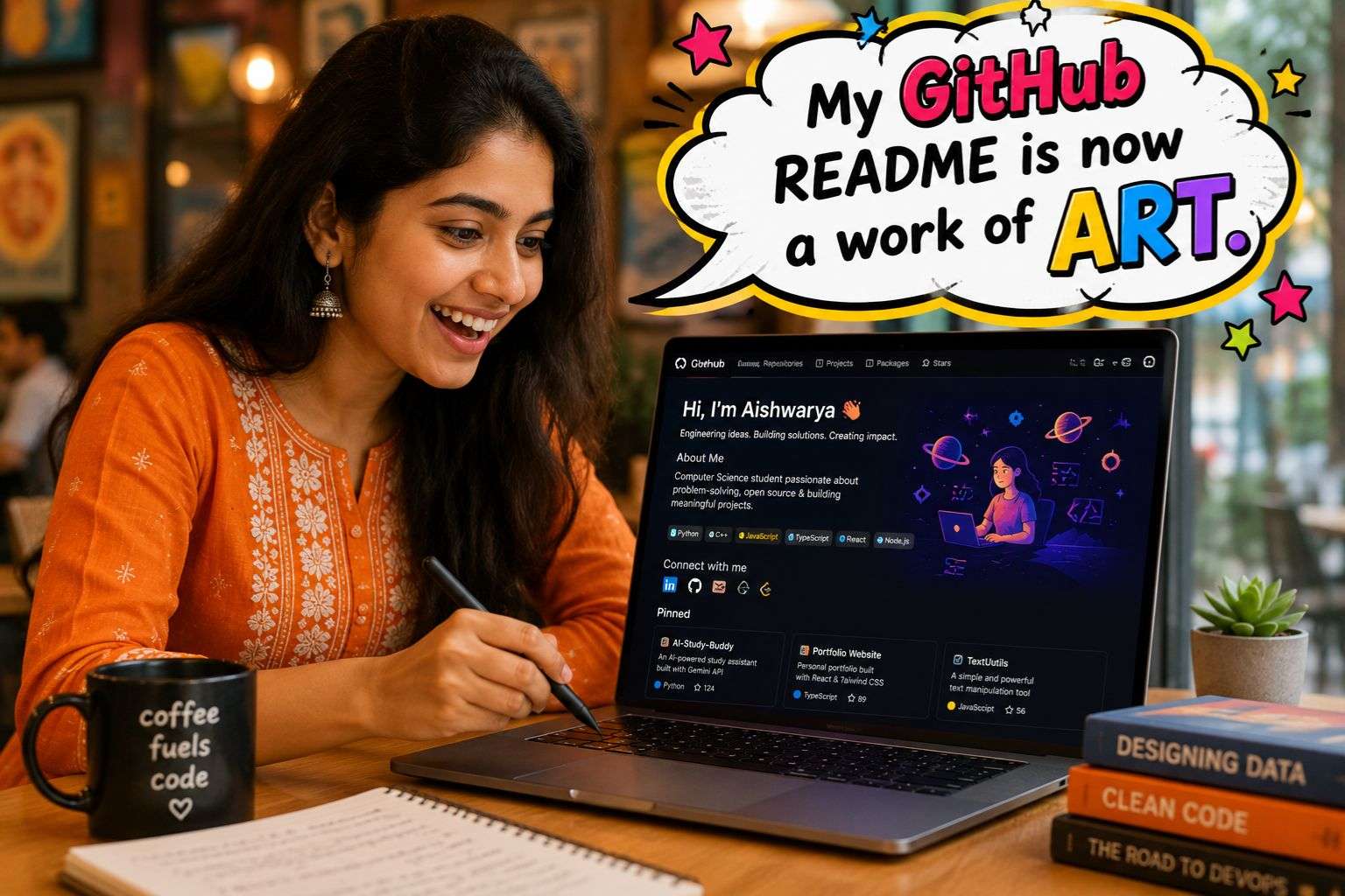 Indian fresher creating impressive GitHub profile README for job applications
