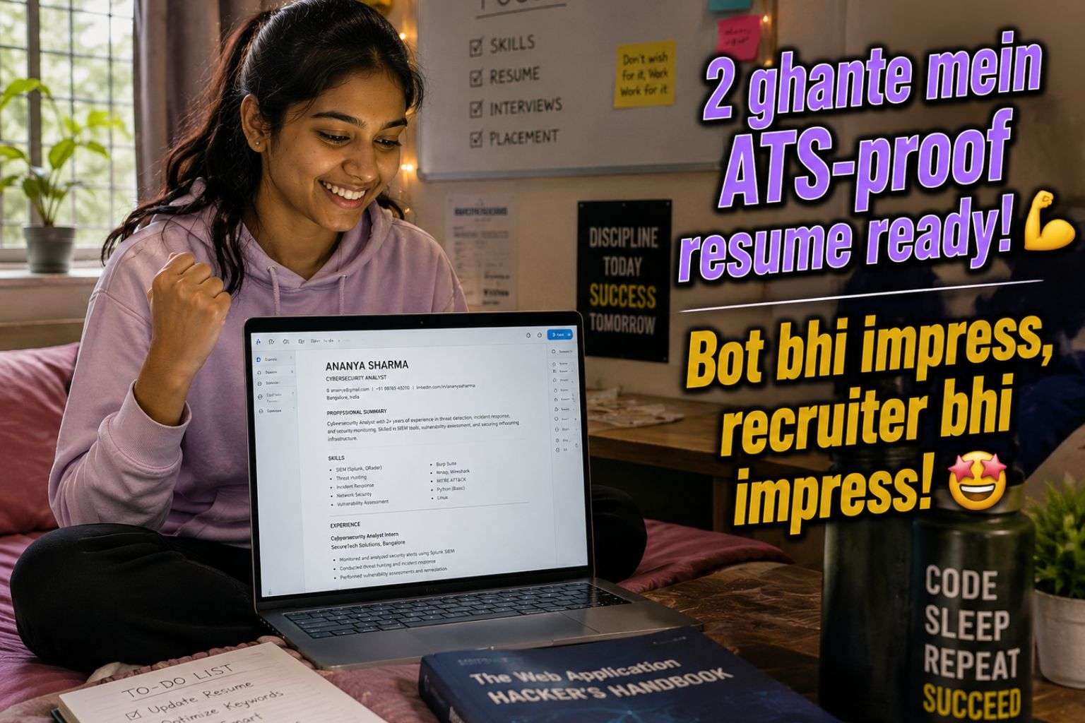 Indian college student confidently building AI recruiter resume that passes ATS bots in 2026