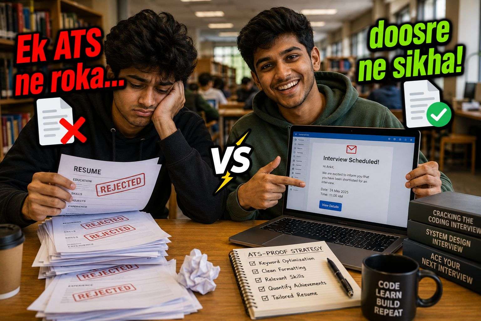 Two freshers comparing ATS-rejected vs shortlisted AI recruiter resume experience in India 2026