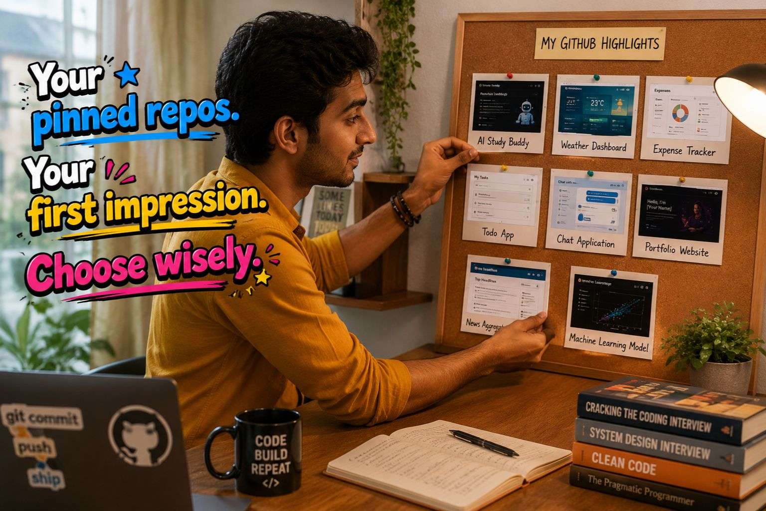 Indian student organising GitHub pinned repos to impress recruiters