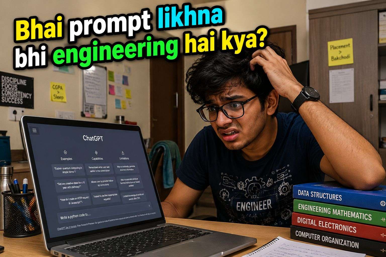 Indian fresher confused while learning prompt engineering for freshers on laptop