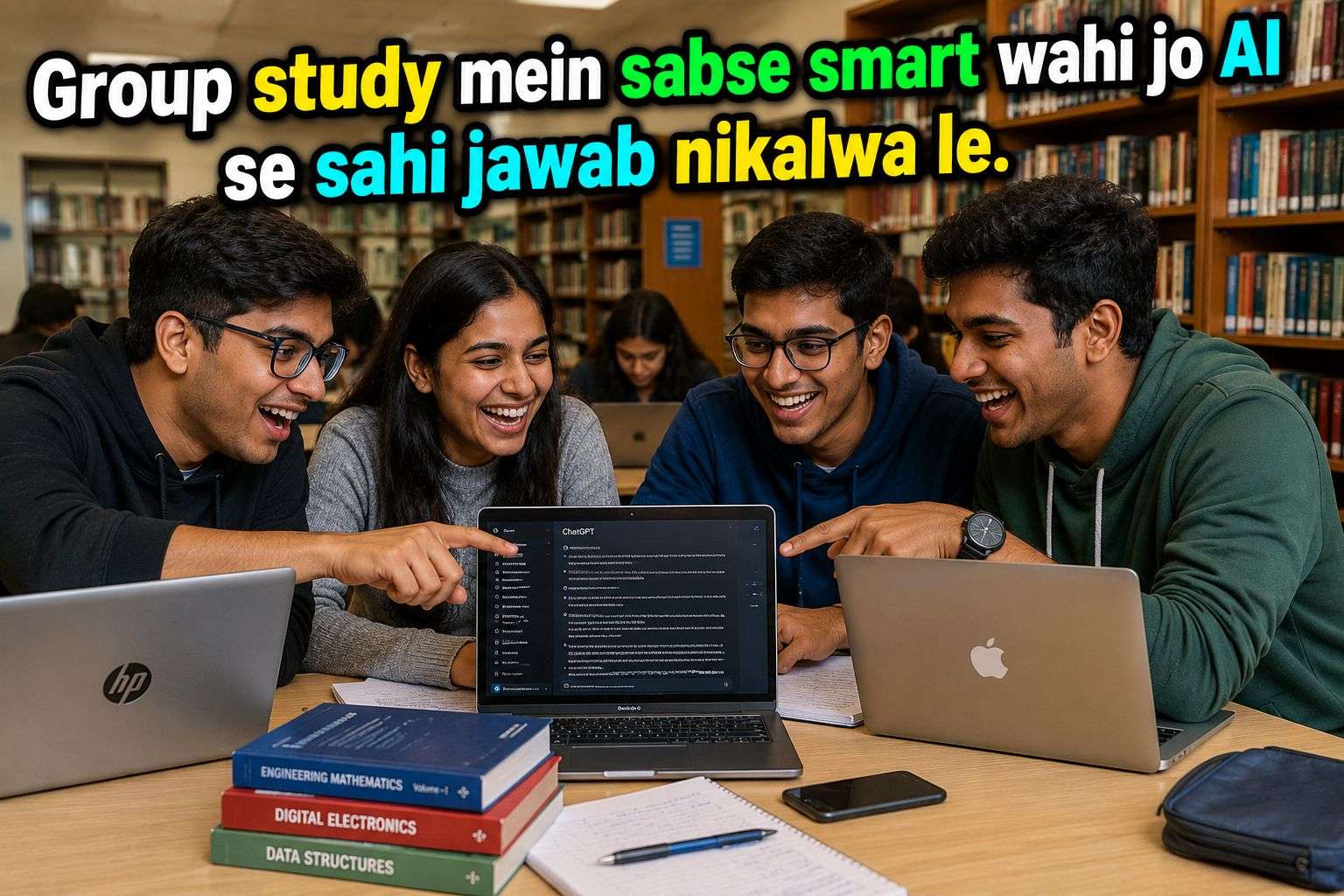 Indian engineering students learning prompt engineering for freshers together in a study group
