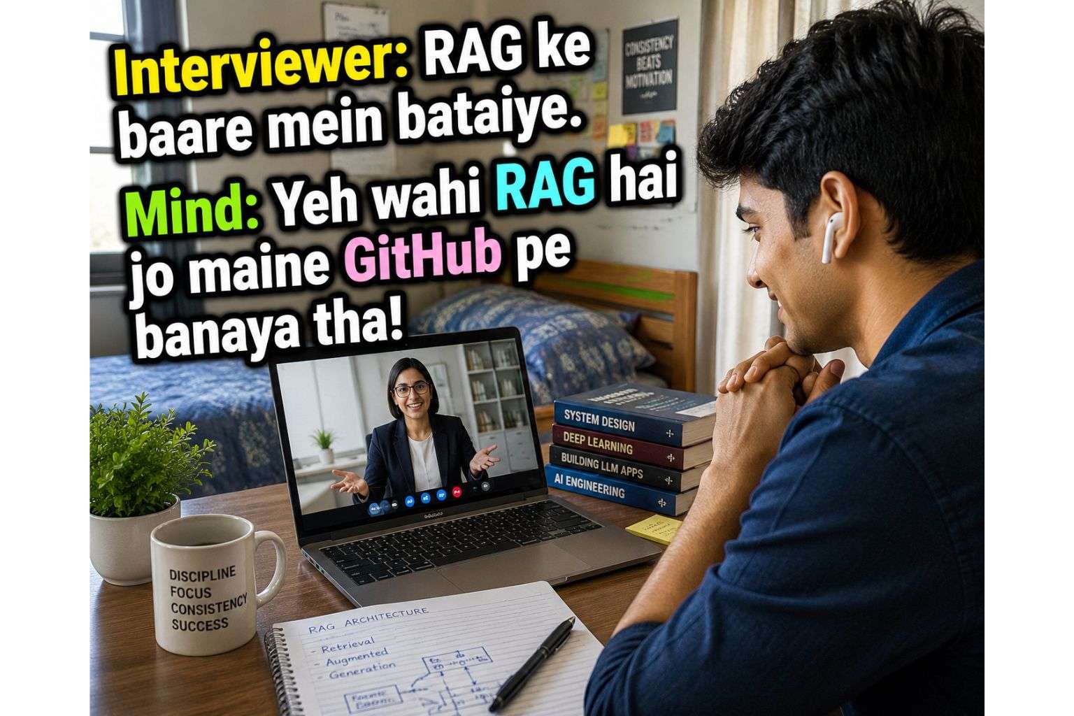 Indian fresher in an online interview discussing prompt engineering for freshers project