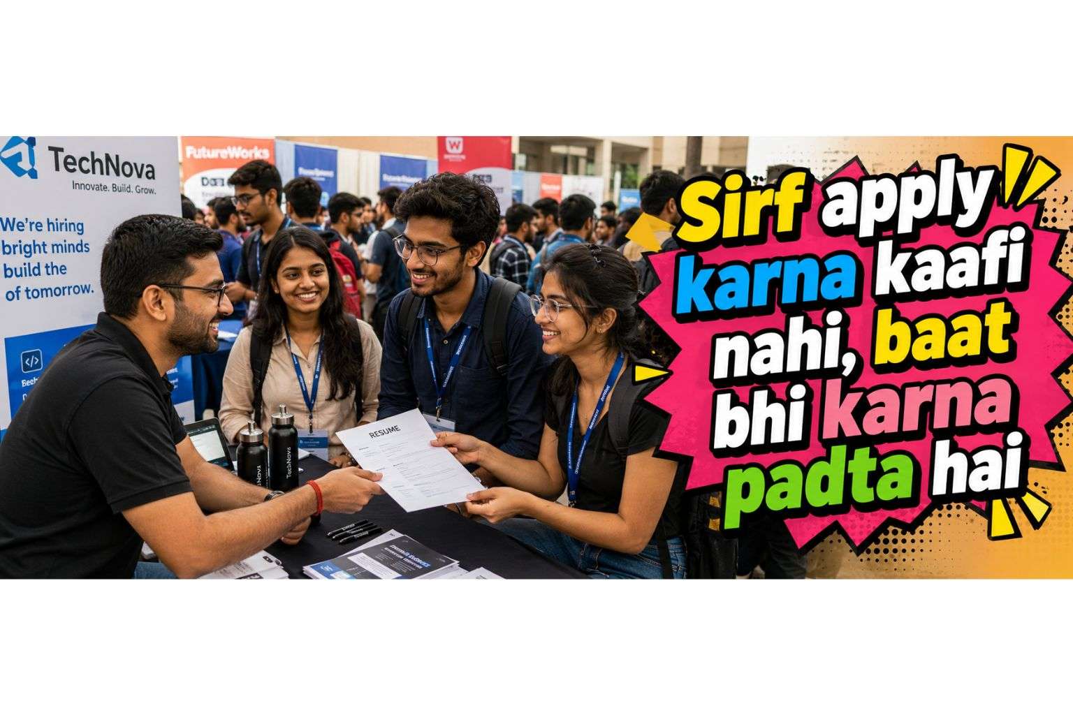 Indian students networking with recruiters at a campus job fair
