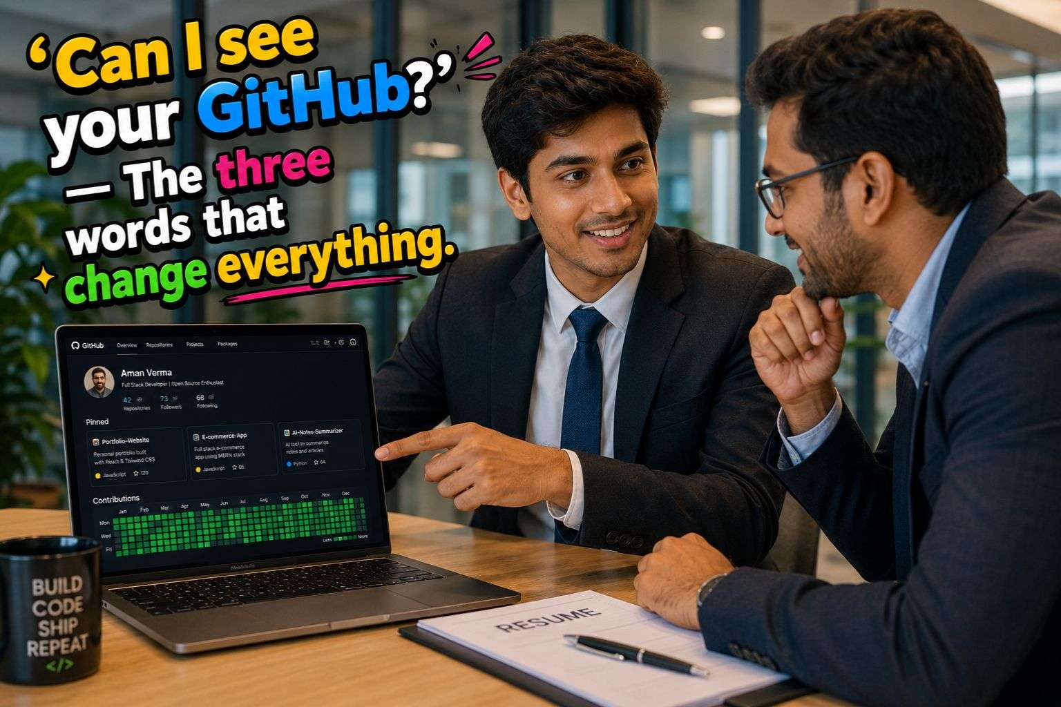Indian fresher confidently sharing GitHub profile with recruiter during job interview