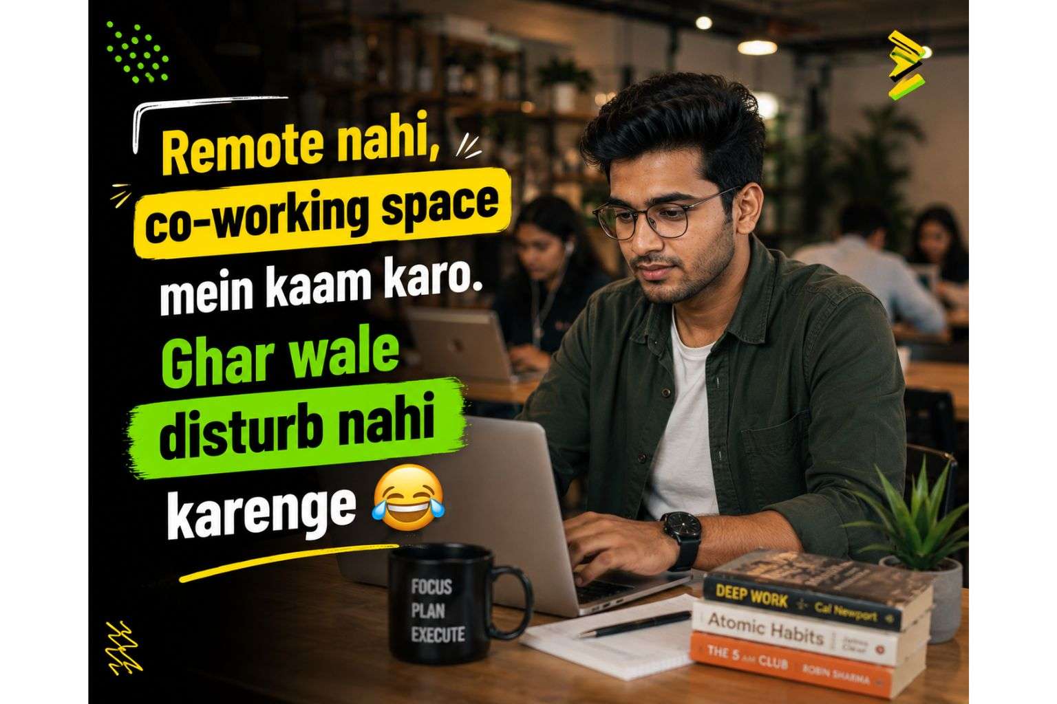 Indian fresher working from co-working space as an alternative to home remote work