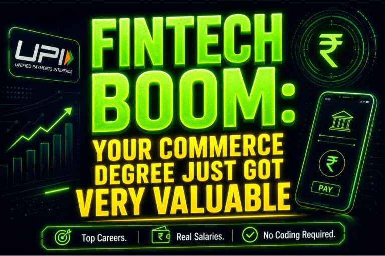 Fintech careers for commerce graduates India 2026 — hero image with neon text on dark background