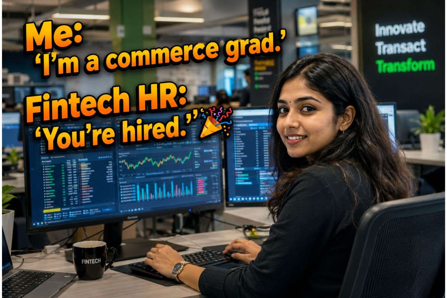 Young commerce graduate working in Indian fintech company office 2026