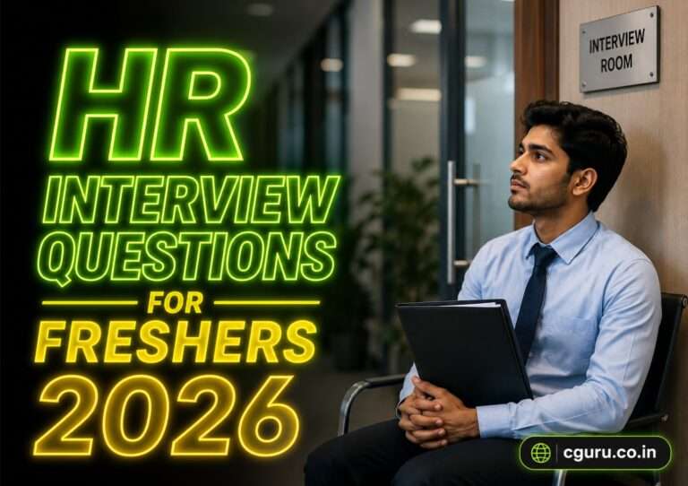 HR interview questions for freshers 2026 — neon title image with a student waiting for an interview
