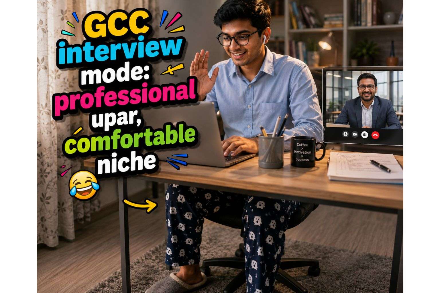 GCC jobs for freshers India 2026 neon text hero image with dark corporate office background