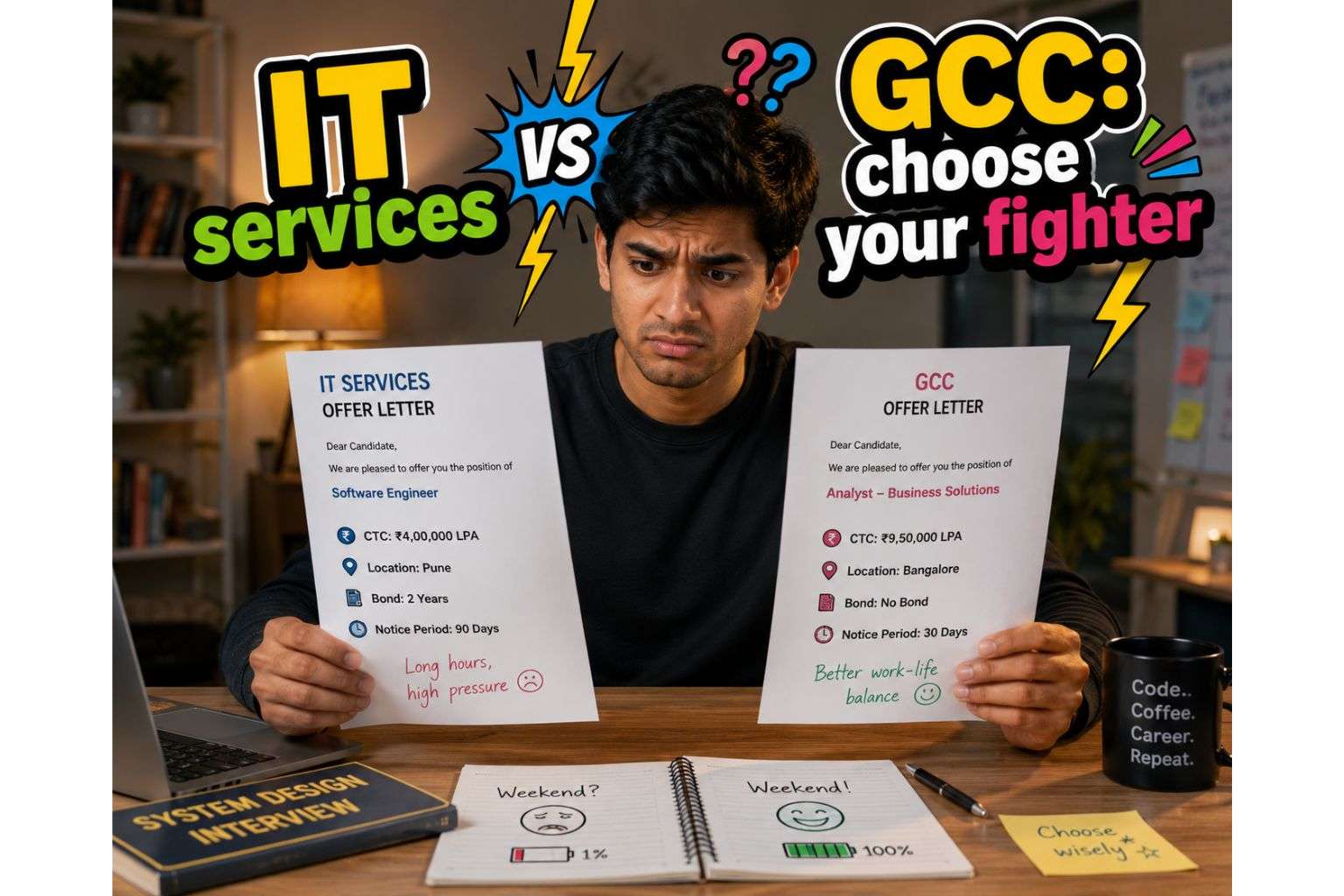 Fresher comparing GCC job offer versus IT services offer funny photo India
