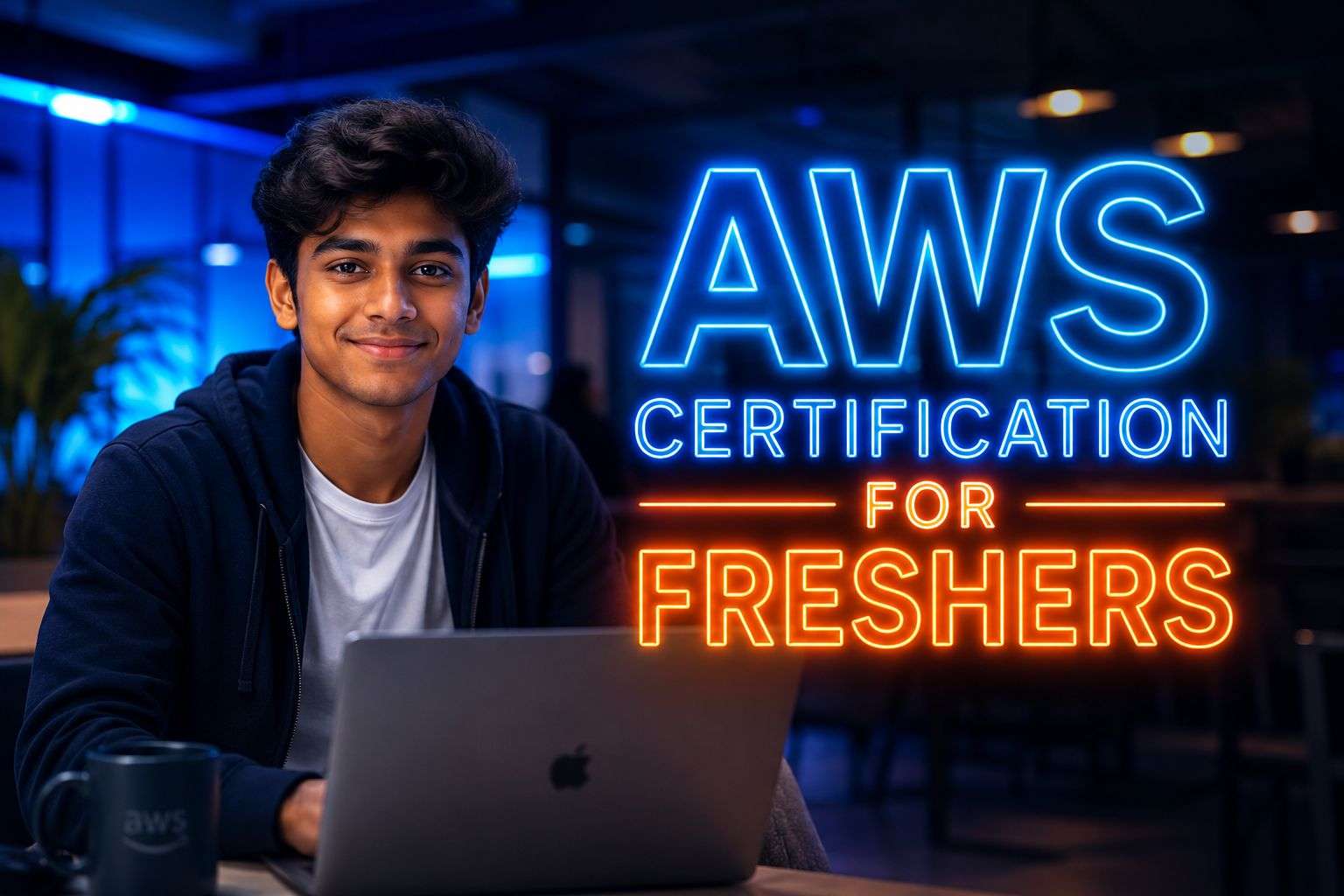 AWS certification for freshers neon title image with Indian engineering student and laptop