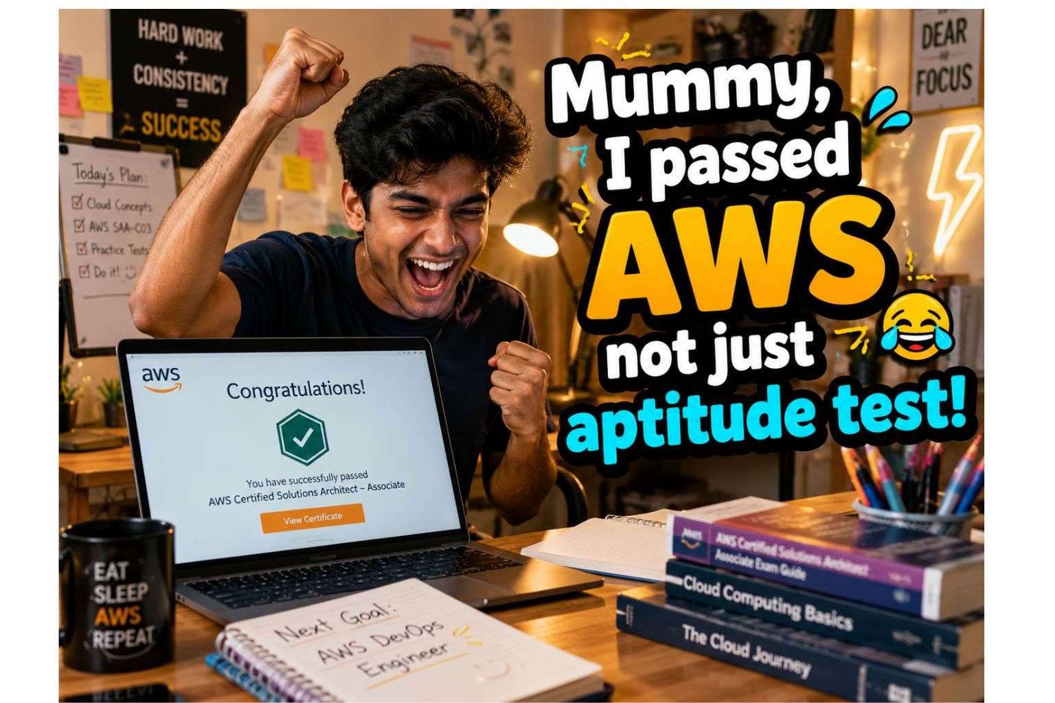 Student celebrating passing AWS Cloud Practitioner exam funny caption image