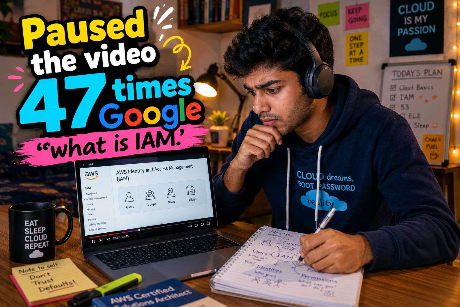 Student watching free AWS Cloud Practitioner YouTube tutorial 