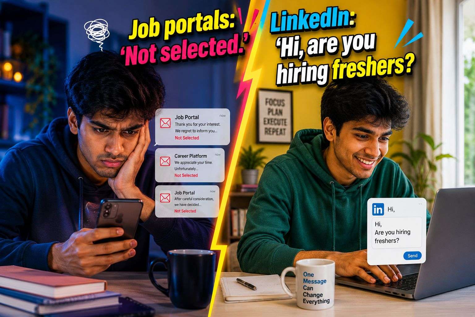 Off campus placement for freshers — job portals versus LinkedIn networking comparison