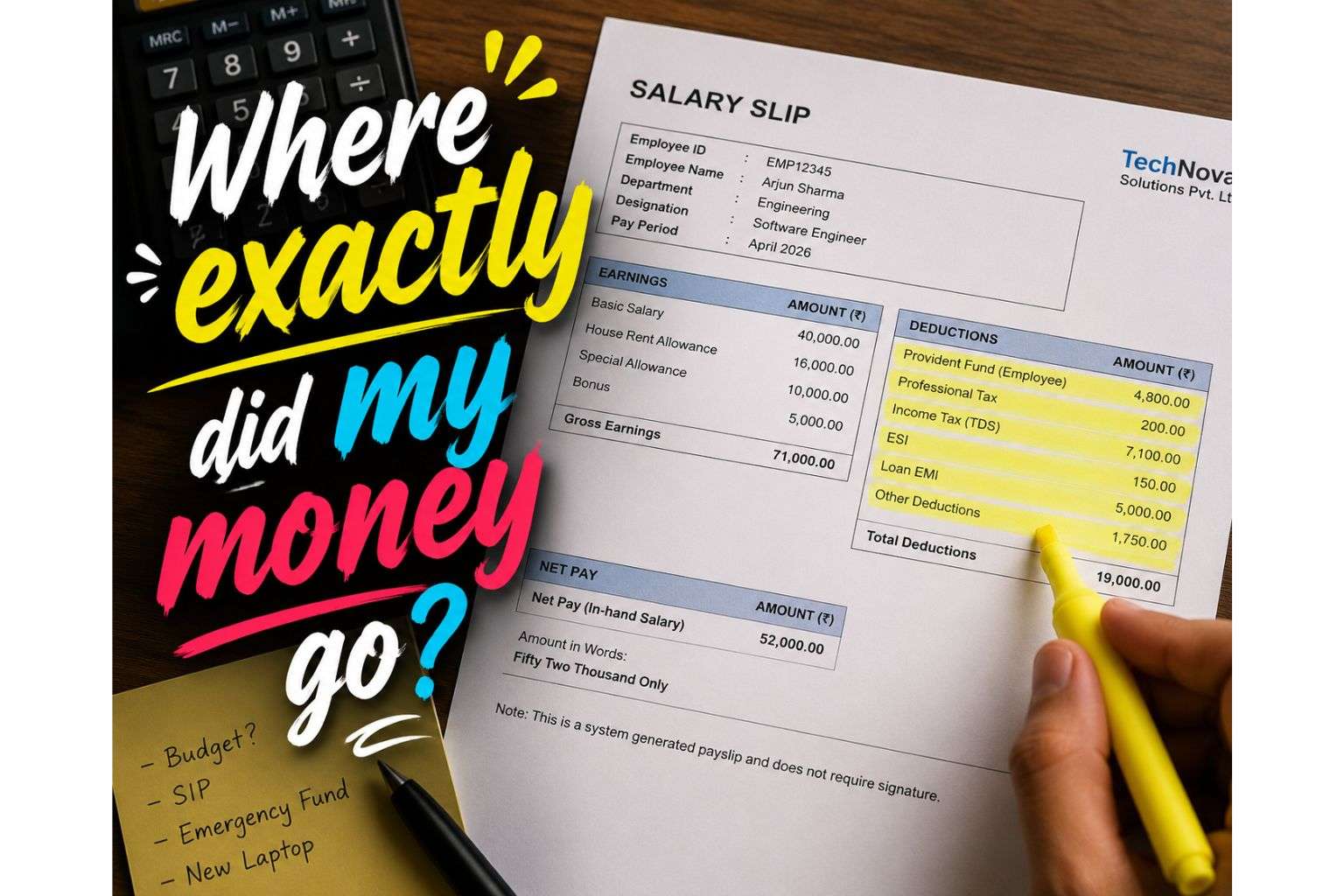 salary slip showing in-hand salary vs CTC deductions