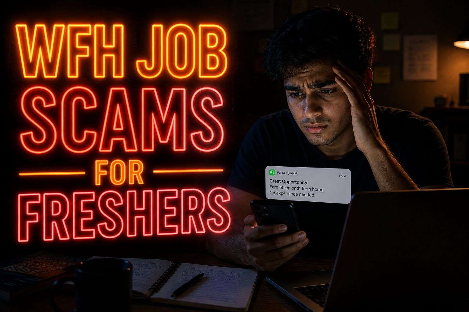 WFH job scams for freshers — neon warning title over Indian student on laptop at night