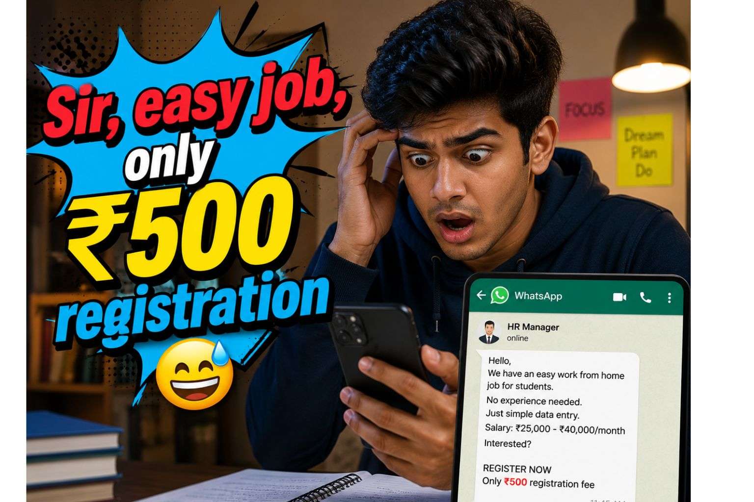 Fresher reacting to a WFH job scam WhatsApp message asking for registration fee