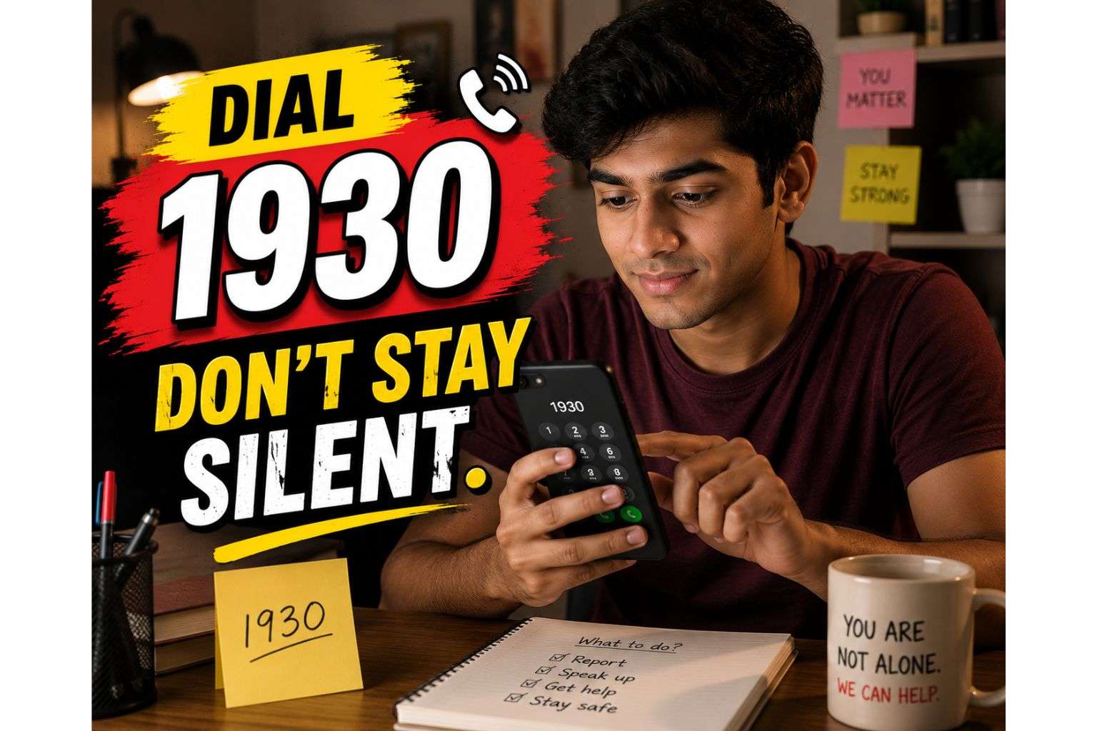 Indian student calling the 1930 cybercrime helpline to report a WFH job scam
