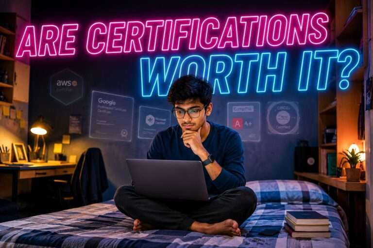are online certifications worth it for freshers — neon title image with Indian student and laptop