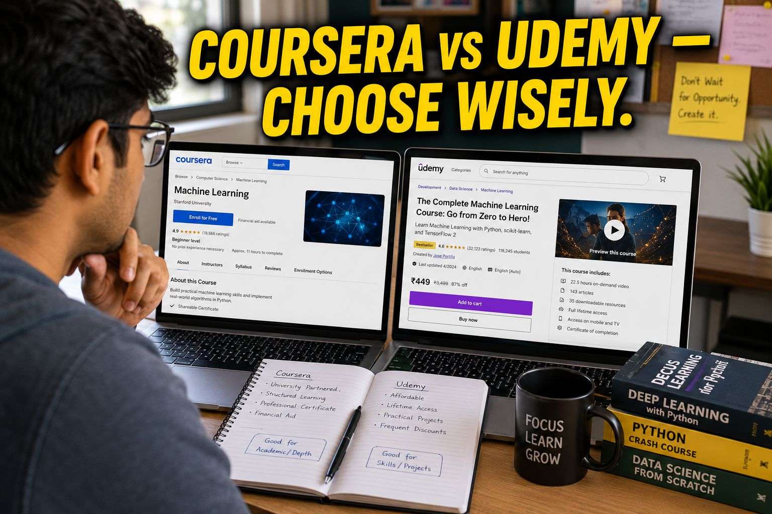are online certifications worth it for freshers? — A student comparing Coursera and Udemy course pages