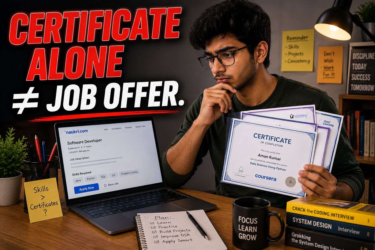  are online certifications worth it for freshers — student holding certificates while reviewing a job application