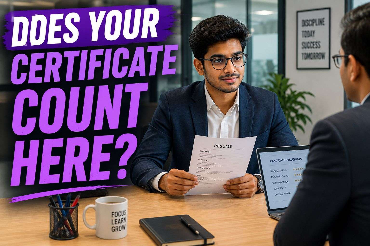 Are online certifications worth it for freshers? A fresher in a job interview holding a resume with certifications