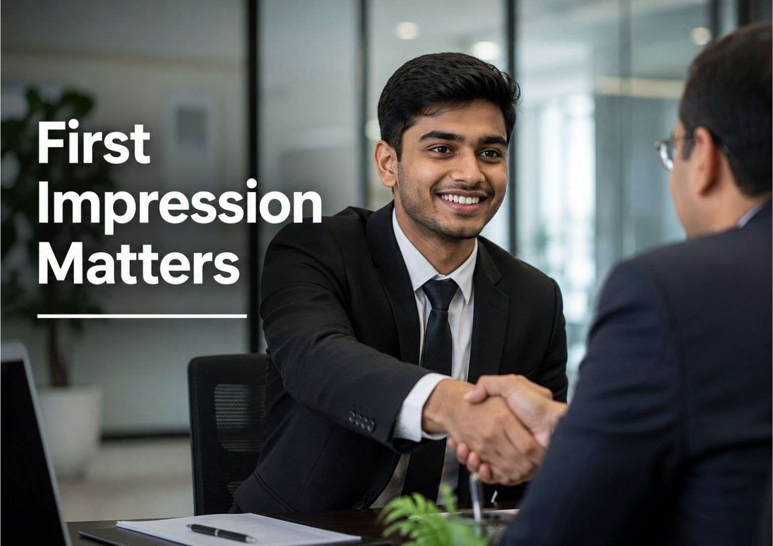 Fresher shaking hands during an HR interview — first impression matters