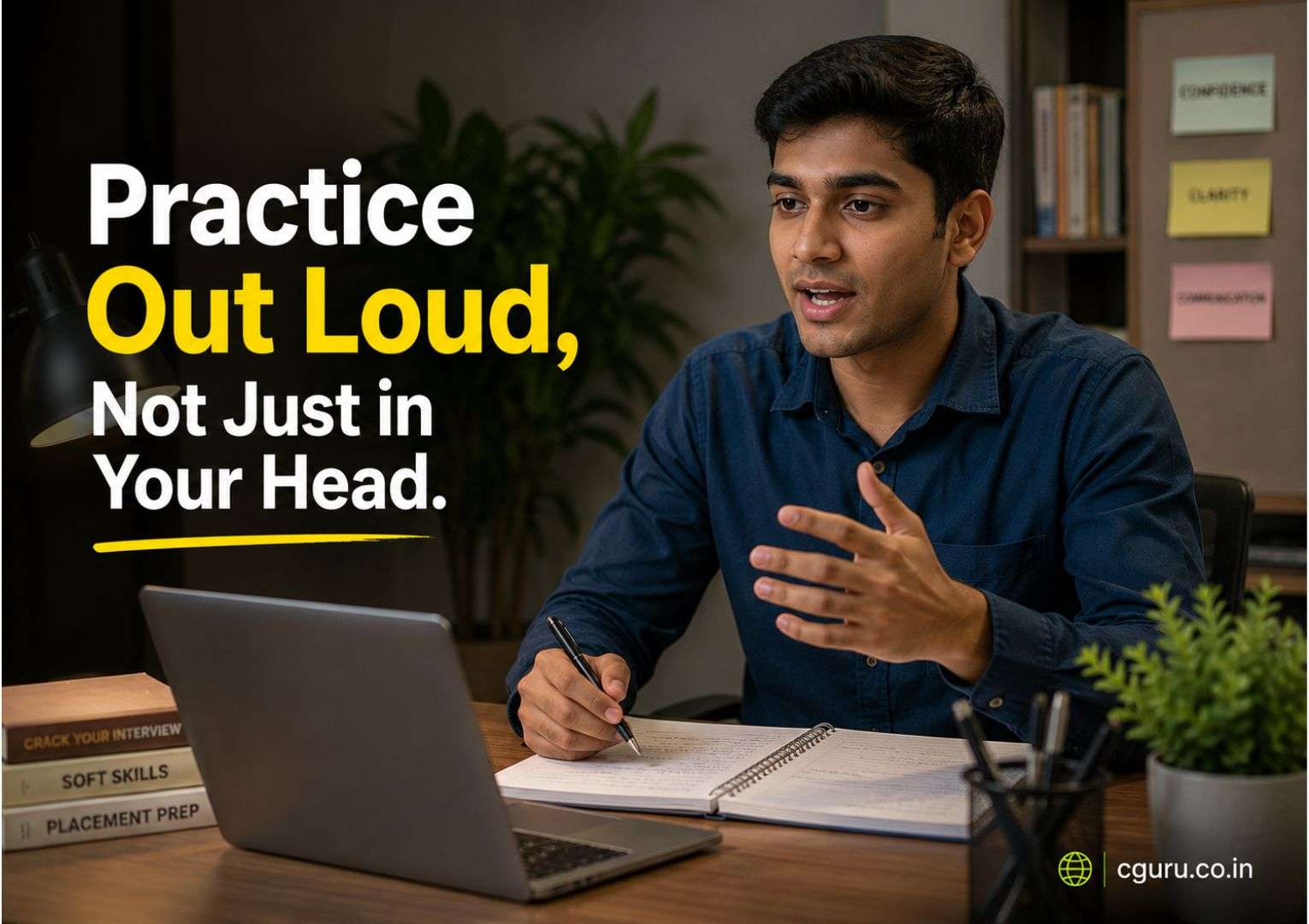 Fresher practising HR interview answers out loud at a study desk