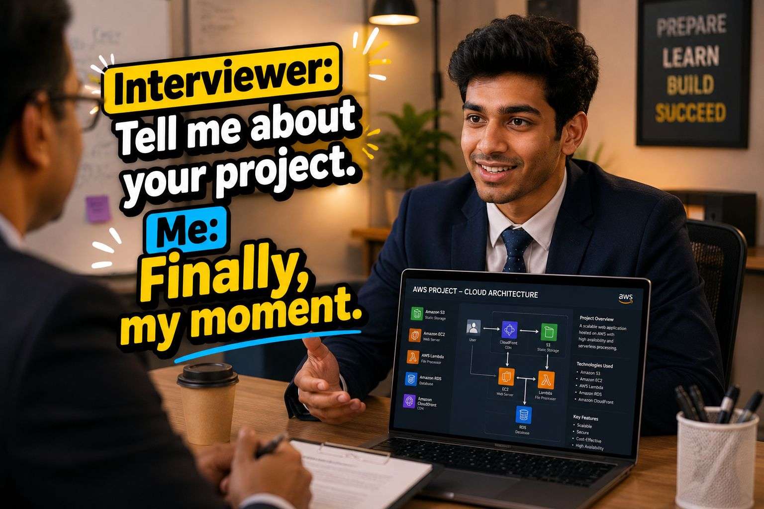 Fresher confidently explaining AWS project in an interview, funny image