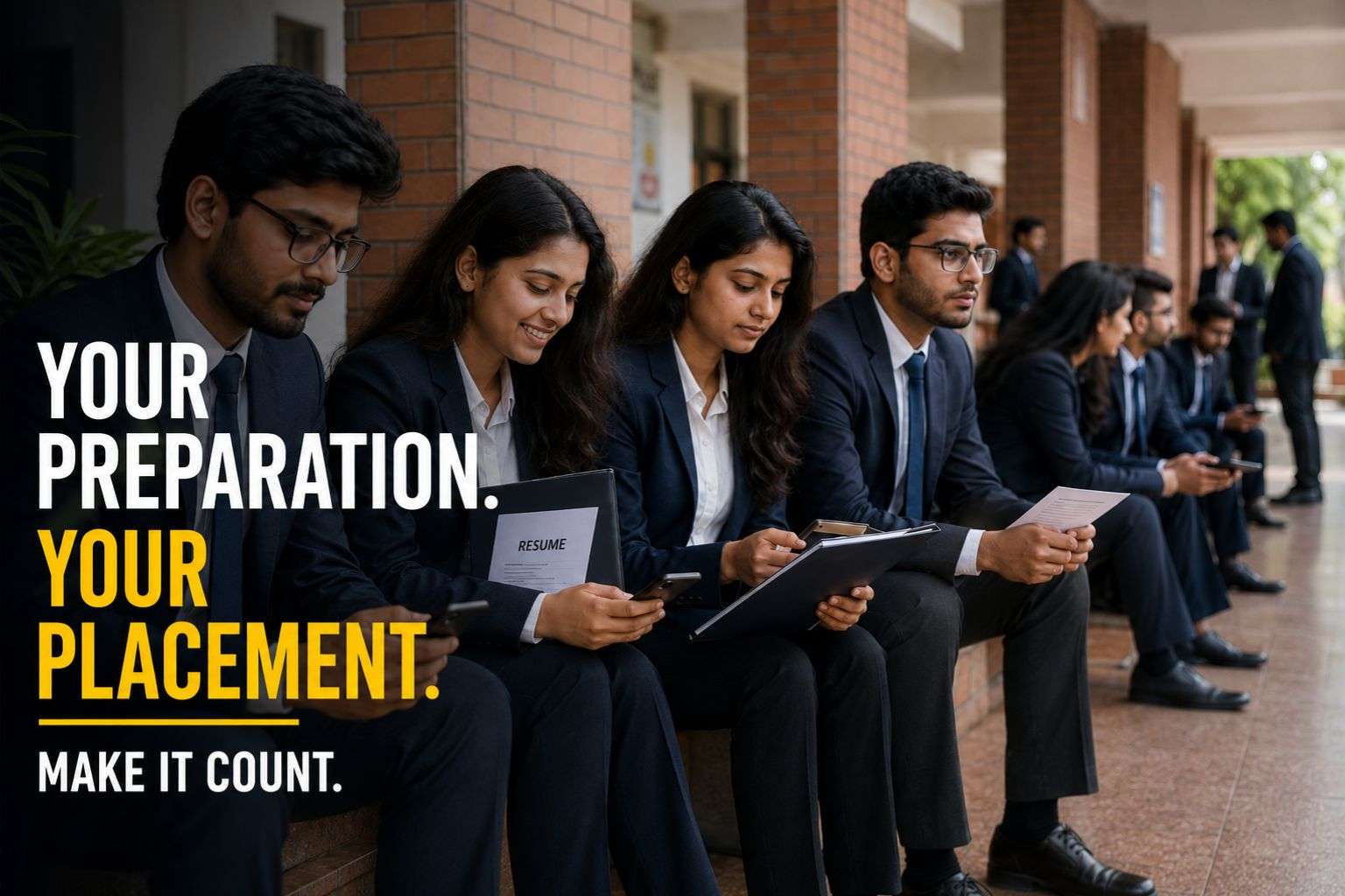 Engineering students waiting for campus placements 2026 drive on college campus."