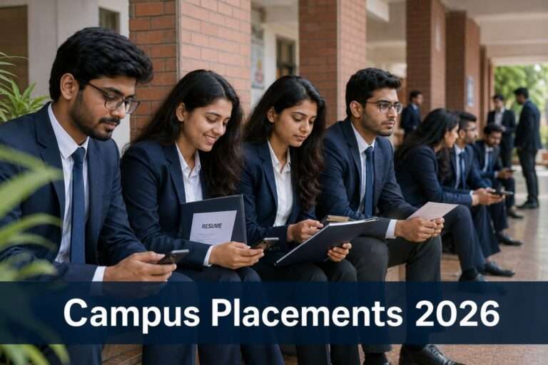 Engineering students waiting for campus placements 2026 drive on college campus.