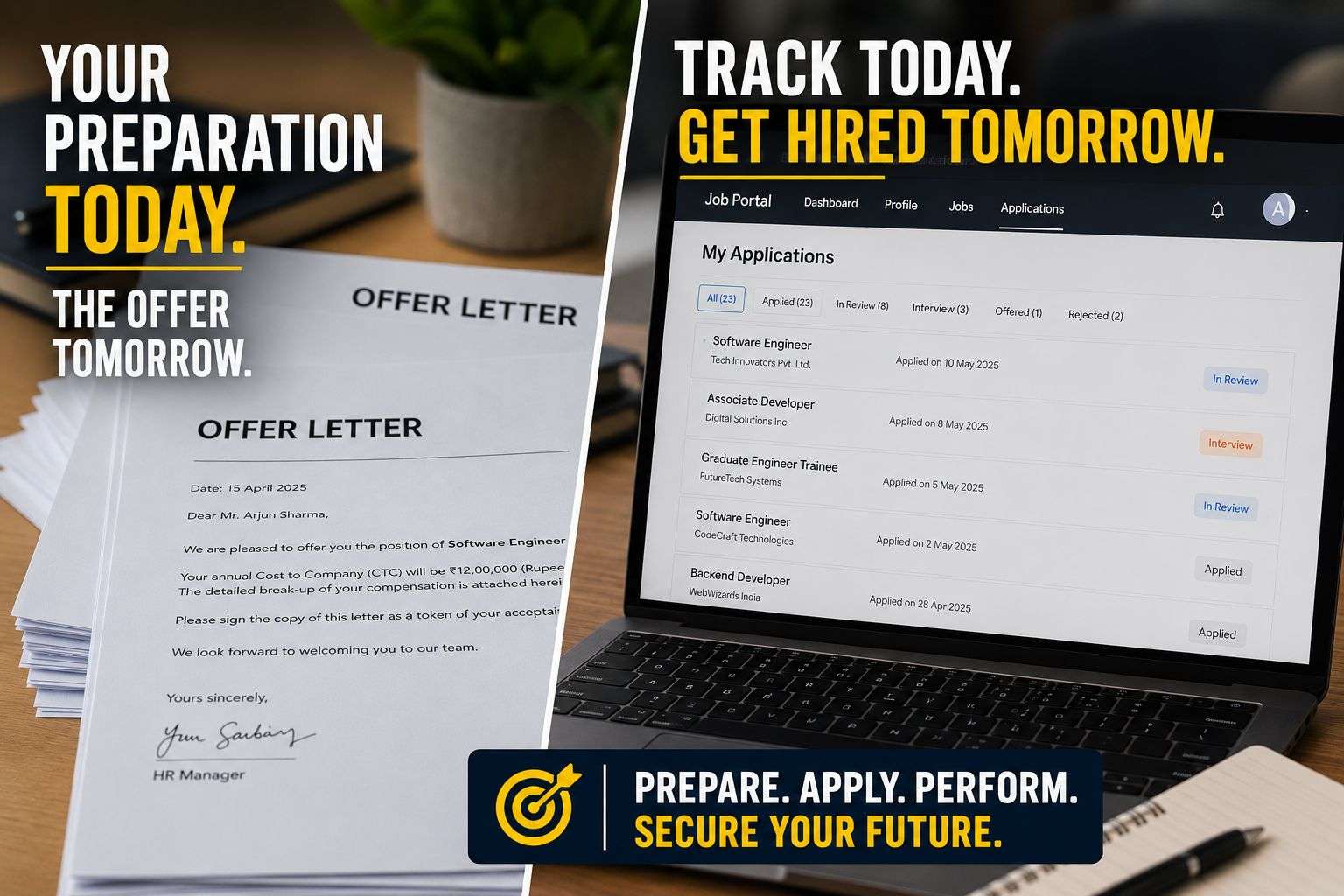 Offer letters and job portal representing the two hiring tracks inside campus placements 2026.