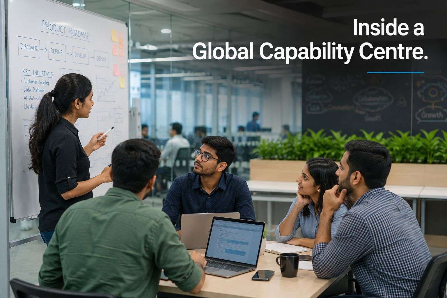 Young professionals collaborating inside a Global Capability Centre office