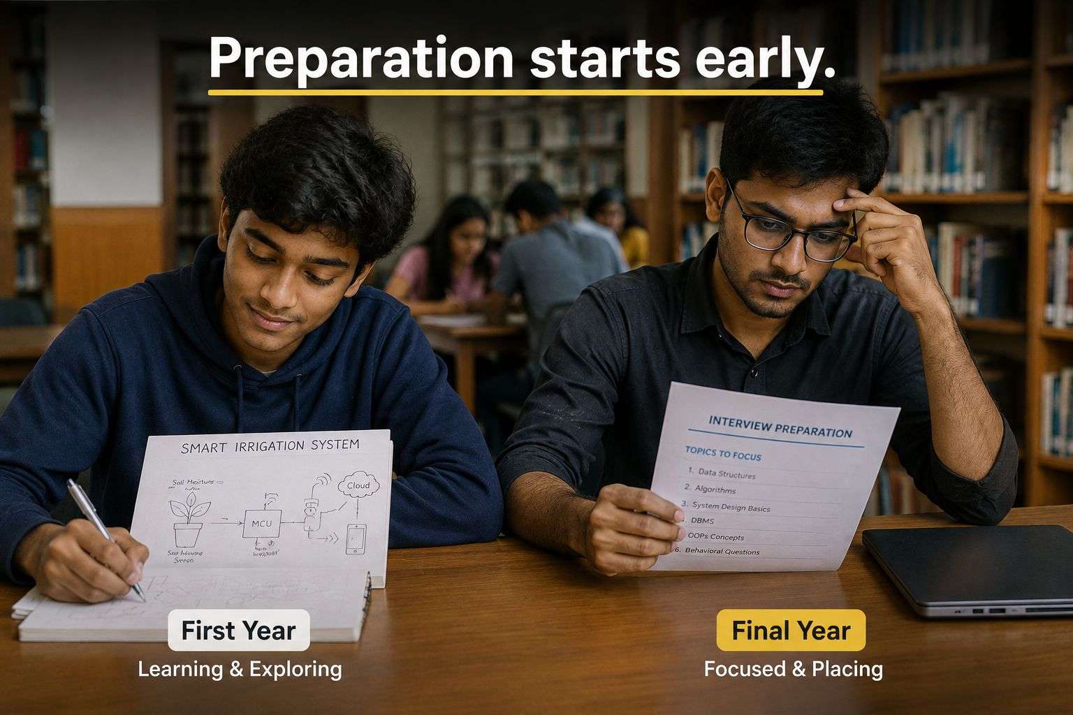 Students at different college years preparing for campus placements 2026.