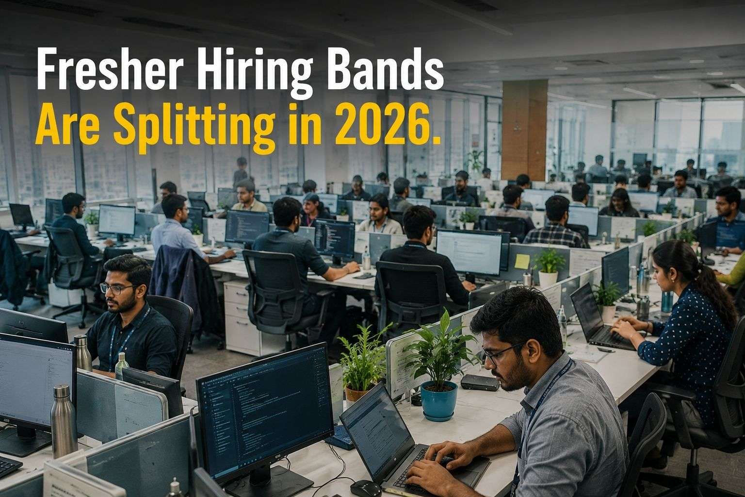 Indian IT company office floor representing the fresher hiring band split in 2026.