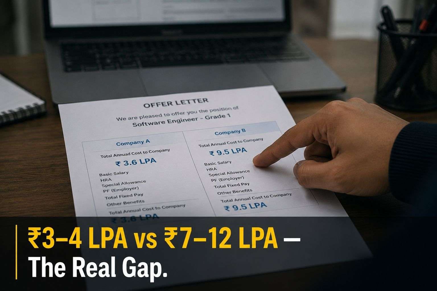 Comparison of standard versus AI-linked fresher salary offer letters in India.