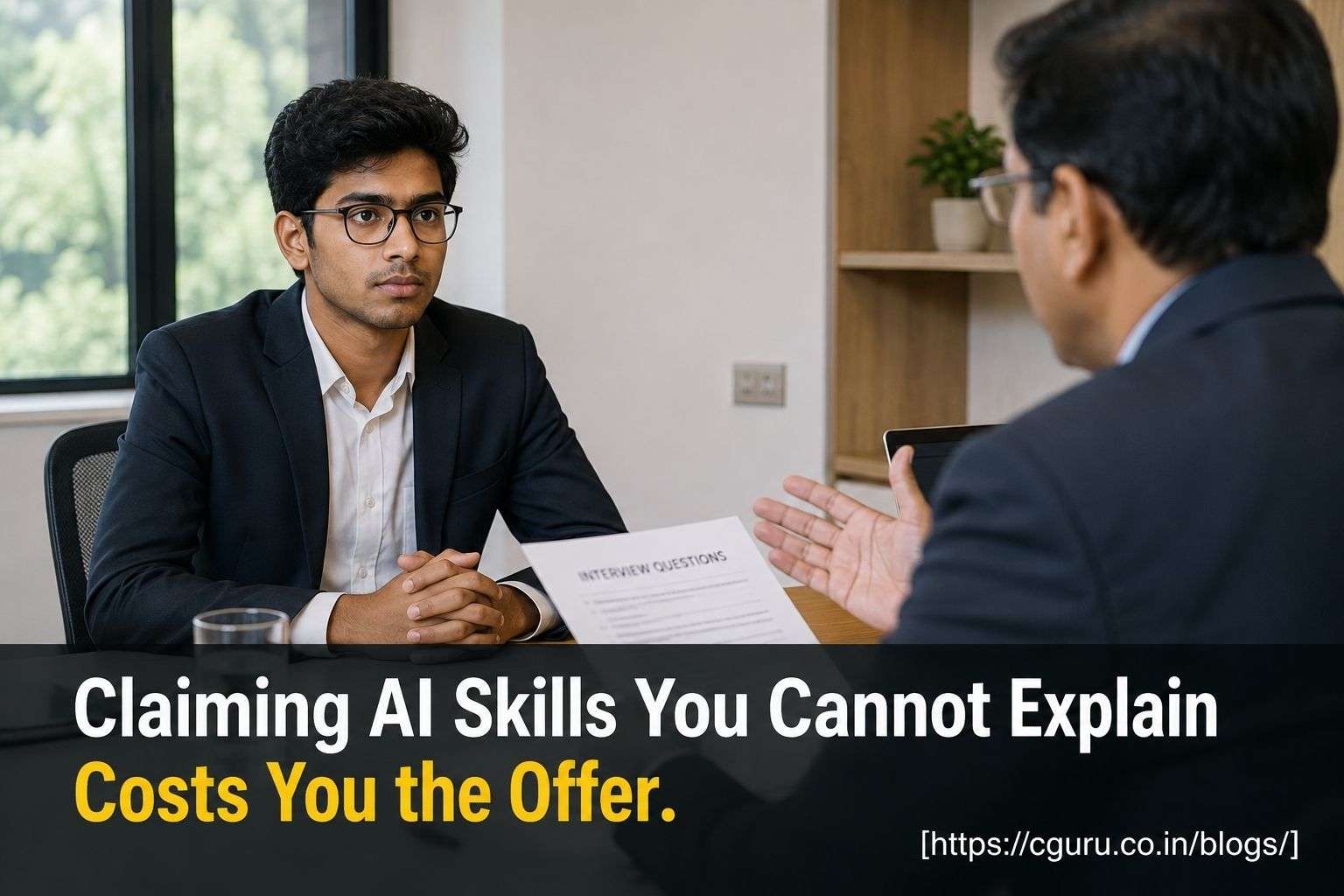 Fresher in a mock interview being questioned about AI skills claimed on a resume.